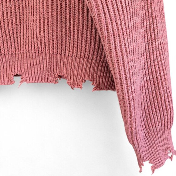 Distressed Pink Knit Crop Sweater By Poof Apparel - Long Sleeve Crew Neck Large - Picture 4 of 8